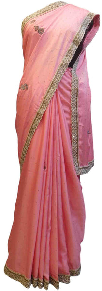 Pink Designer Wedding Partywear Satin Silk Cutdana Beads Pearl Zari Stone Hand Embroidery Work Bridal Saree Sari E390