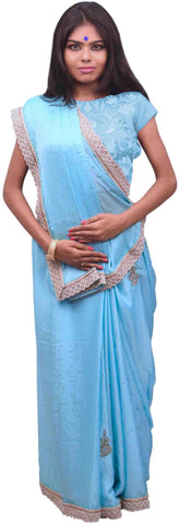 Blue Designer Wedding Partywear Satin Silk Cutdana Beads Pearl Zari Stone Hand Embroidery Work Bridal Saree Sari E391