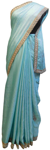 Blue Designer Wedding Partywear Satin Silk Cutdana Beads Pearl Zari Stone Hand Embroidery Work Bridal Saree Sari E394