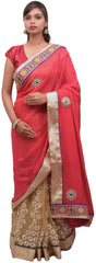 Pink & Cream Designer Wedding Partywear Georgette (Viscos) & Net Hand Embroidery Zari Thread Gota Beads Stone Work Kolkata Saree Sari E416