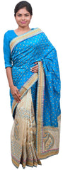 Blue & Cream Designer Wedding Partywear Silk Hand Embroidery Thread Zari Work Kolkata Saree Sari PSE445