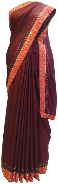 Wine Designer Wedding Partywear Crepe (Chinon) Hand Embroidery Stone Work Kolkata Saree Sari E457