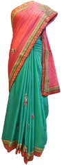SMSAREE Pink & Turquoise Designer Wedding Partywear Crepe (Chinon) Stone Zari Sequence Thread & Bullion Hand Embroidery Work Bridal Saree Sari With Blouse Piece E486