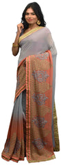 SMSAREE Peach & Grey Designer Wedding Partywear Georgette (Viscos) Stone Cutdana Thread & Zari Hand Embroidery Work Bridal Saree Sari With Blouse Piece E508