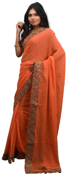 SMSAREE Orange Designer Wedding Partywear Crepe (Chinon) Sequence & Zari Hand Embroidery Work Bridal Saree Sari With Blouse Piece E515