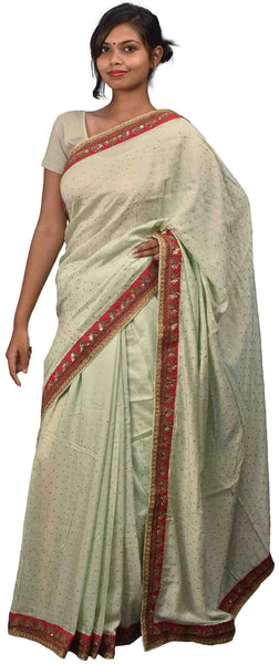 Green Designer Wedding Partywear Satin Silk Cutdana Beads Sequence Zari Bullion Hand Embroidery Work Bridal Saree Sari E522