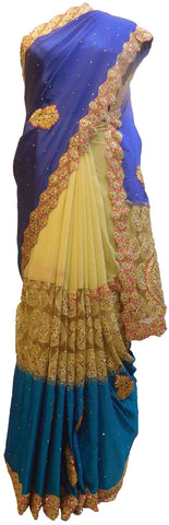 SMSAREE Blue & Cream Designer Wedding Partywear Silk & Net Stone Thread Sequence & Zari Hand Embroidery Work Bridal Saree Sari With Blouse Piece E552