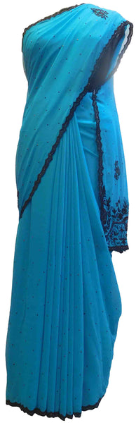SMSAREE Blue Designer Wedding Partywear Georgette Thread & Stone  Hand Embroidery Work Bridal Saree Sari With Blouse Piece E574