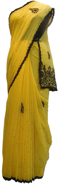 SMSAREE Yellow Designer Wedding Partywear Georgette Thread & Stone  Hand Embroidery Work Bridal Saree Sari With Blouse Piece E576