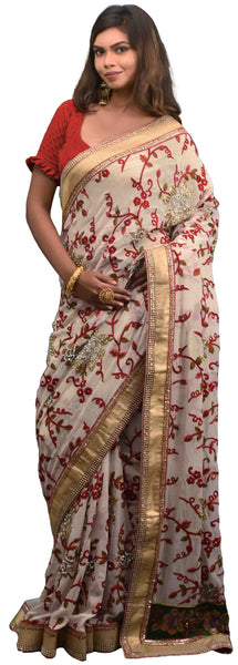 SMSAREE White Designer Wedding Partywear Pure Georgette Thread Stone Gota Pearl & Bullion Hand Embroidery Work Bridal Saree Sari With Blouse Piece E612
