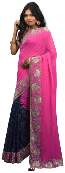 SMSAREE Pink & Blue Designer Wedding Partywear Pure Georgette & Net Cutdana Stone & Zari Hand Embroidery Work Bridal Saree Sari With Blouse Piece E613