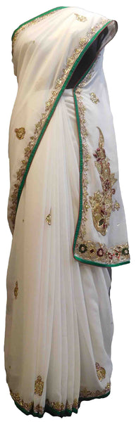 SMSAREE White Designer Wedding Partywear Georgette Thread Zari Stone & Bullion Hand Embroidery Work Bridal Saree Sari With Blouse Piece E644