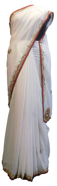 SMSAREE White Designer Wedding Partywear Georgette Thread Zari Stone Bullion & Cutdana Hand Embroidery Work Bridal Saree Sari With Blouse Piece E645