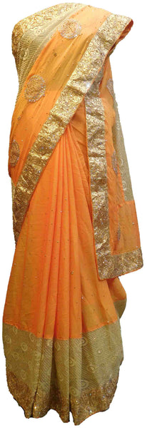 SMSAREE yellow Designer Wedding Partywear Georgette Stone Zari Hand Embroidery Work Bridal Saree Sari With Blouse Piece E656
