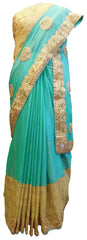 SMSAREE Turquoise Designer Wedding Partywear Georgette Zari & Stone Hand Embroidery Work Bridal Saree Sari With Blouse Piece E657