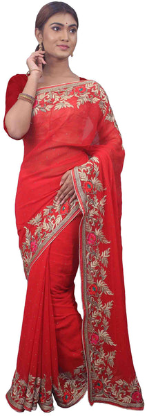 SMSAREE Red Designer Wedding Partywear Georgette (Viscos) Thread Zari Stone Bullion & Cutdana Hand Embroidery Work Bridal Saree Sari With Blouse Piece E668