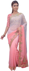 SMSAREE Pink & Grey Designer Wedding Partywear Georgette Thread Stone & Cutdana Hand Embroidery Work Bridal Saree Sari With Blouse Piece E671