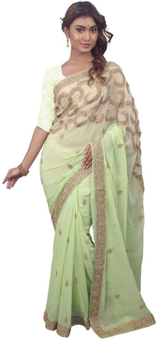 SMSAREE Green Designer Wedding Partywear Georgette (Viscos) Stone & Bullion Hand Embroidery Work Bridal Saree Sari With Blouse Piece E676