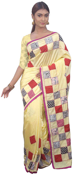 SMSAREE Yellow Designer Wedding Partywear Silk Thread & Aplick Work Hand Embroidery Work Bridal Saree Sari With Blouse Piece E679