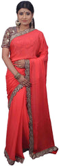 SMSAREE Pink Designer Wedding Partywear Crepe (Chinon) Cutdana Bullion Beads & Sequence Hand Embroidery Work Bridal Saree Sari With Blouse Piece E690