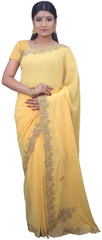 SMSAREE Yellow Designer Wedding Partywear Georgette Stone Thread & Cutdana Hand Embroidery Work Bridal Saree Sari With Blouse Piece E701
