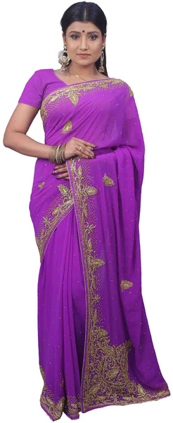 SMSAREE Purple Designer Wedding Partywear Georgette Stone Thread & Cutdana Hand Embroidery Work Bridal Saree Sari With Blouse Piece E704