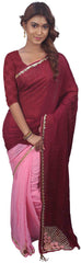 SMSAREE Wine & Pink Designer Wedding Partywear Crepe (Chinon) Stone Thread Beads & Cutdana Hand Embroidery Work Bridal Saree Sari With Blouse Piece E722