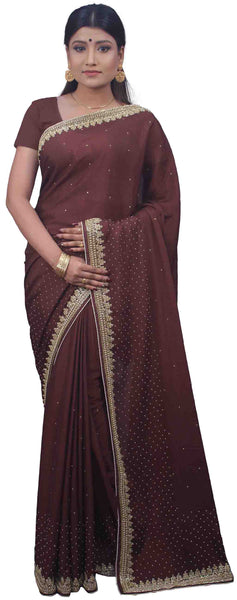 SMSAREE Coffee Brown Designer Wedding Partywear Crepe (Chinon) Beads Stone Pearl & Cutdana Hand Embroidery Work Bridal Saree Sari With Blouse Piece E723