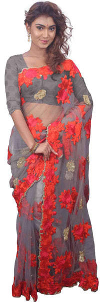 SMSAREE Grey Designer Wedding Partywear Net Thread Beads & Cutdana Hand Embroidery Work Bridal Saree Sari With Blouse Piece E726