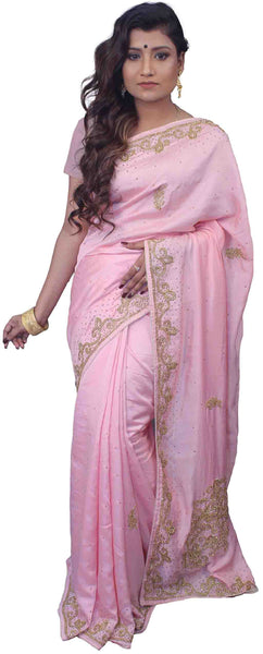 SMSAREE Pink Designer Wedding Partywear Silk Stone & Cutdana Hand Embroidery Work Bridal Saree Sari With Blouse Piece E738