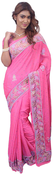 SMSAREE Pink Designer Wedding Partywear Georgette Stone Thread & Beads Hand Embroidery Work Bridal Saree Sari With Blouse Piece E742