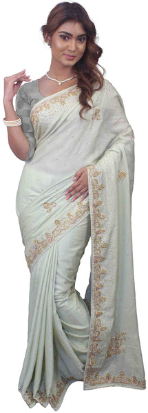SMSAREE Green Designer Wedding Partywear Silk Stone & Cutdana Hand Embroidery Work Bridal Saree Sari With Blouse Piece E743