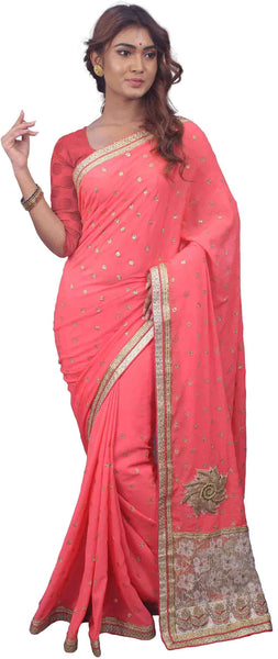SMSAREE Pink Designer Wedding Partywear Silk Stone Thread Zari Cutdana & Beads Hand Embroidery Work Bridal Saree Sari With Blouse Piece E747