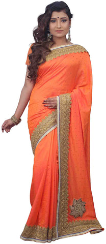 SMSAREE Orange Designer Wedding Partywear Silk Stone Thread Zari Cutdana & Beads Hand Embroidery Work Bridal Saree Sari With Blouse Piece E748