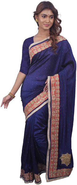 SMSAREE Blue Designer Wedding Partywear Silk Stone Thread Zari Cutdana & Beads Hand Embroidery Work Bridal Saree Sari With Blouse Piece E749