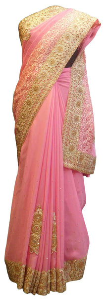 SMSAREE Pink Designer Wedding Partywear Georgette Thread Stone Zari & Sequence Hand Embroidery Work Bridal Saree Sari With Blouse Piece E800