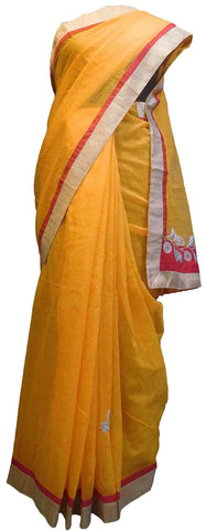 SMSAREE Yellow Designer Wedding Partywear Supernet (Cotton) Zari & Gota Hand Embroidery Work Bridal Saree Sari With Blouse Piece E813
