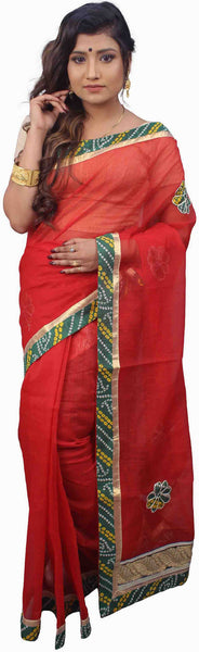 SMSAREE Red Designer Wedding Partywear Supernet (Cotton) Zari & Gota Hand Embroidery Work Bridal Saree Sari With Blouse Piece E814