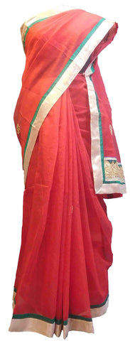 SMSAREE Red Designer Wedding Partywear Supernet (Cotton) Zari & Gota Hand Embroidery Work Bridal Saree Sari With Blouse Piece E816