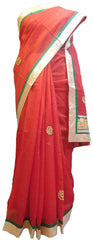 SMSAREE Red Designer Wedding Partywear Supernet (Cotton) Zari & Gota Hand Embroidery Work Bridal Saree Sari With Blouse Piece E820