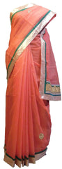 SMSAREE Peach Designer Wedding Partywear Supernet (Cotton) Zari & Gota Hand Embroidery Work Bridal Saree Sari With Blouse Piece E825
