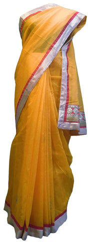 SMSAREE Yellow Designer Wedding Partywear Supernet (Cotton) Zari & Gota Hand Embroidery Work Bridal Saree Sari With Blouse Piece E828
