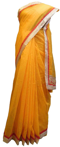 SMSAREE Yellow Designer Wedding Partywear Supernet (Cotton) Zari & Gota Hand Embroidery Work Bridal Saree Sari With Blouse Piece E831