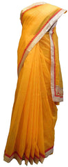 SMSAREE Yellow Designer Wedding Partywear Supernet (Cotton) Zari & Gota Hand Embroidery Work Bridal Saree Sari With Blouse Piece E831