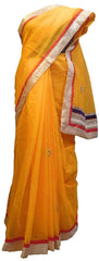 SMSAREE Yellow Designer Wedding Partywear Supernet (Cotton) Zari & Gota Hand Embroidery Work Bridal Saree Sari With Blouse Piece E832