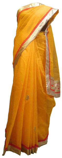 SMSAREE Yellow Designer Wedding Partywear Supernet (Cotton) Zari & Gota Hand Embroidery Work Bridal Saree Sari With Blouse Piece E835