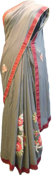 SMSAREE Grey Designer Wedding Partywear Georgette (Viscos) Thread Bullion Pearl & Stone Hand Embroidery Work Bridal Saree Sari With Blouse Piece E870
