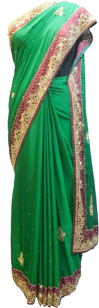 SMSAREE Green & Wine Designer Wedding Partywear Crepe (Rangoli) Cutdana Stone Beads & Thread Hand Embroidery Work Bridal Saree Sari With Blouse Piece E885