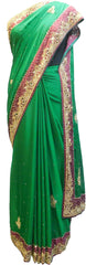 SMSAREE Green & Wine Designer Wedding Partywear Crepe (Rangoli) Cutdana Stone Beads & Thread Hand Embroidery Work Bridal Saree Sari With Blouse Piece E885