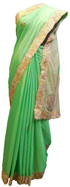 SMSAREE Green Designer Wedding Partywear Crepe (Rangoli) Zari& Stone Hand Embroidery Work Bridal Saree Sari With Blouse Piece E907